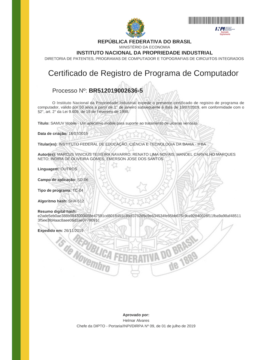 2019 CertificadoDeRegistroDeSoftware IndiraGomes SAMUV MOBILE